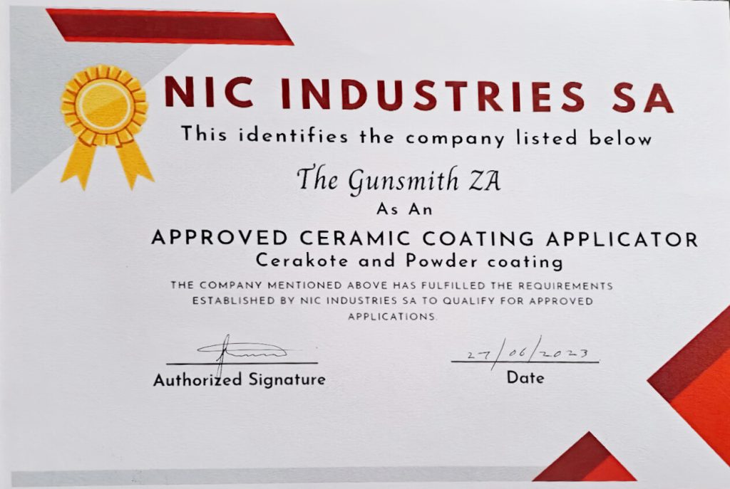 A certificate showing that The Gunsmith ZA is an approved Cerakote applicator